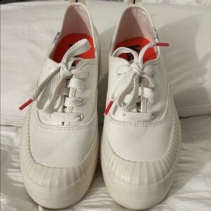 White Canvas Sneakers with Red Accents Keds